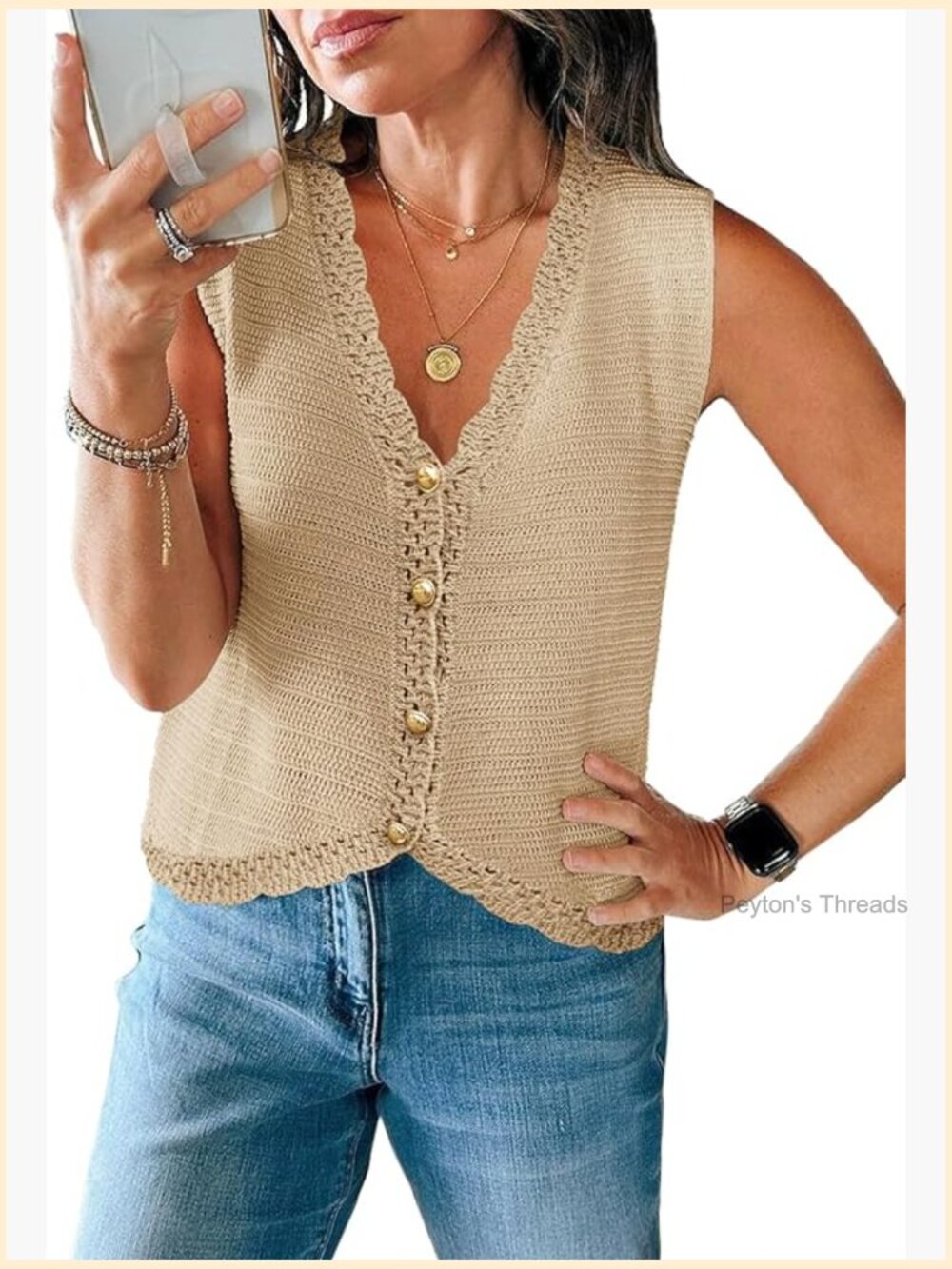 Sleeveless V-Neck Sweater Vest Cropped Button Down Casual Loose Knit Top